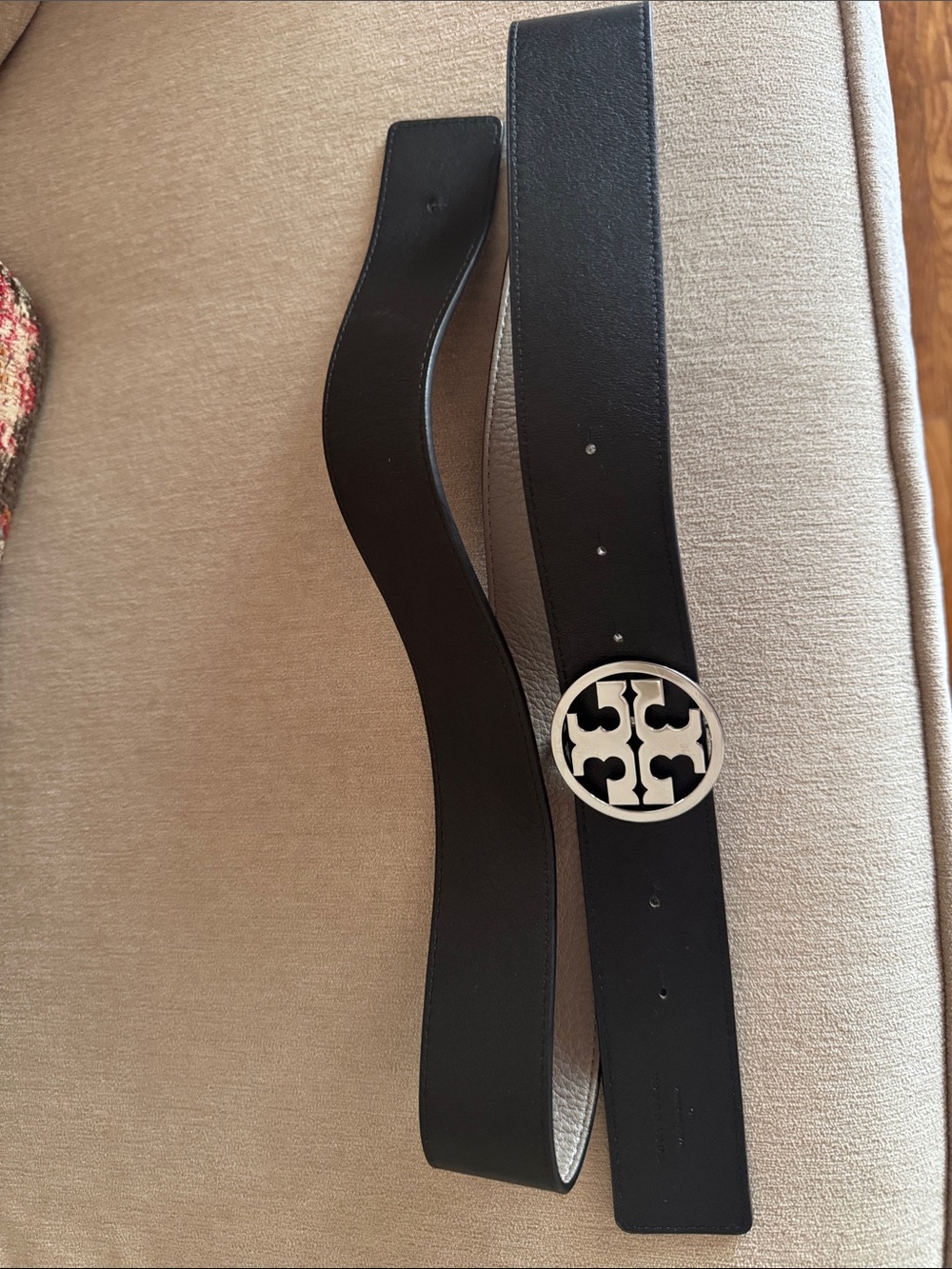 Tory Burch Black Leather Belt with Silver Logo Buckle